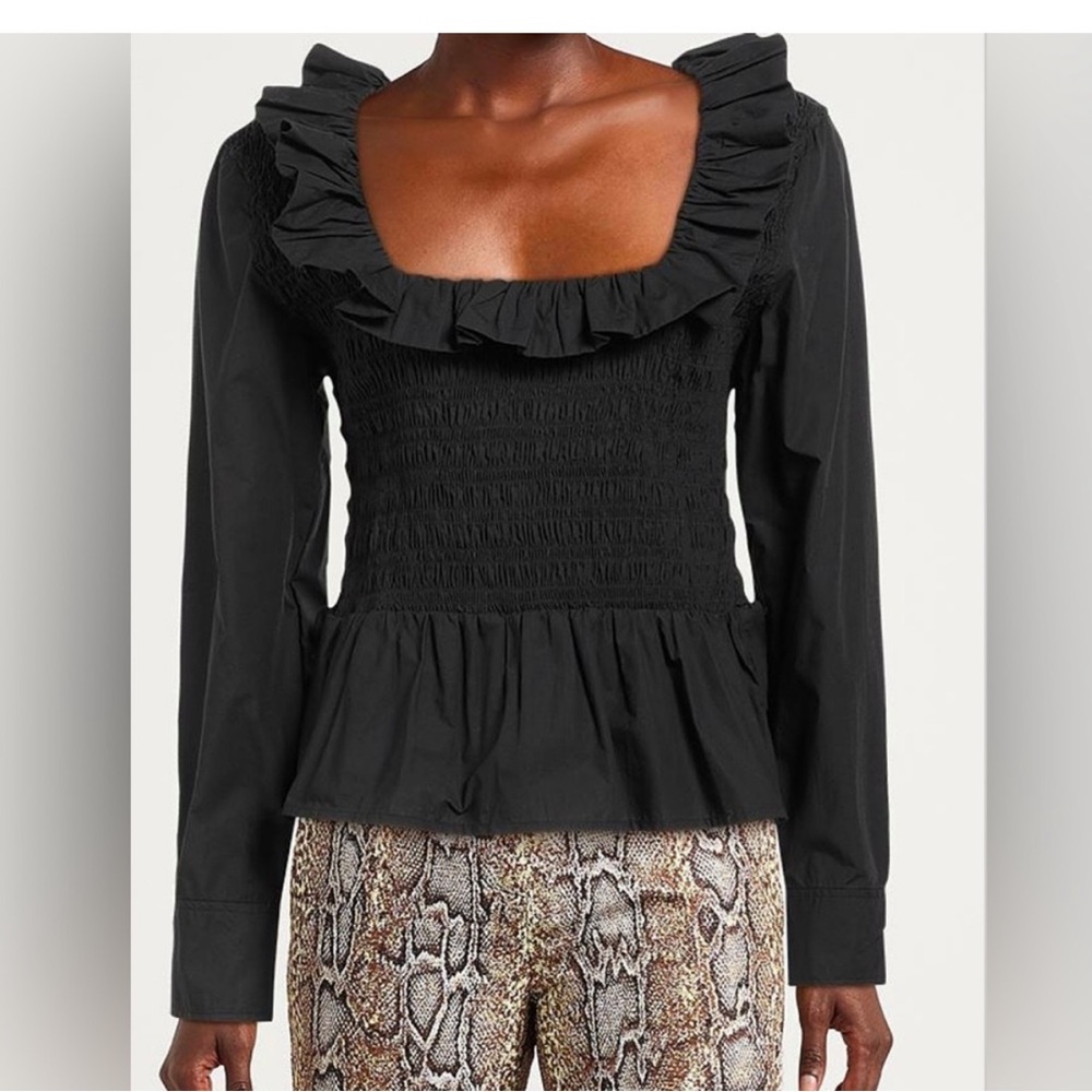 GANNI Black Ruffle smocked top